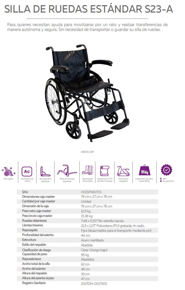 Silla De Ruedas En Acero Con Apoyabrazos Abatibles Konfort Plus KBE9119F