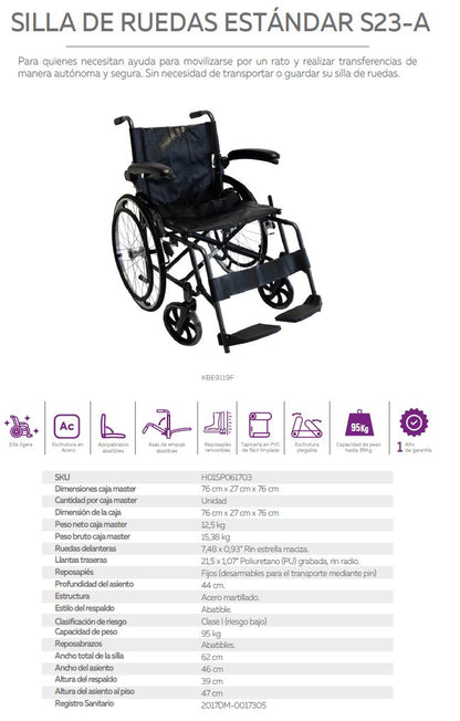 Silla De Ruedas En Acero Con Apoyabrazos Abatibles Konfort Plus KBE9119F